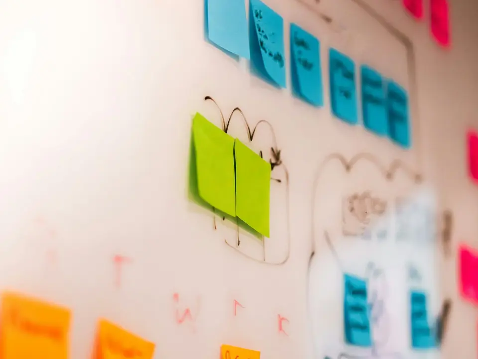 Sticky notes grouped on a studio wall