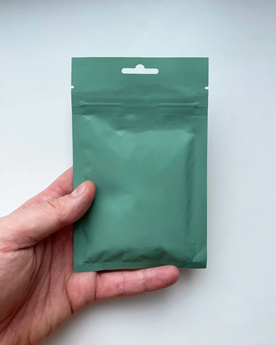 Hafenkaffee's wordmark on a green coffee pouch held in a hand